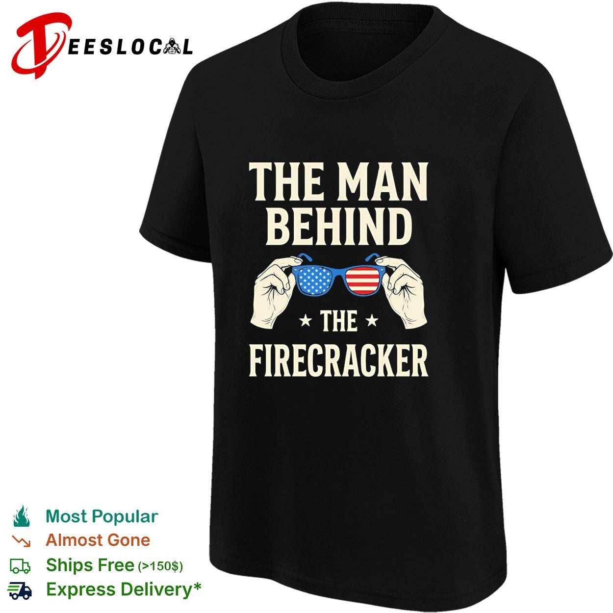 Holding sunglasses with USA flag pattern the man behind the firecracker retro shirt