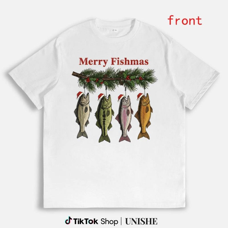 Holiday Fishing T-Shirt with Merry Fishmas Festive Print Hoodie, Sweatshirt | PodTeesHub.com