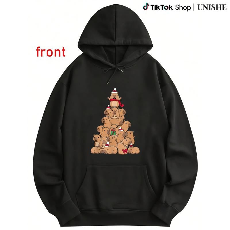 Holiday Ugly Christmas Hoodie with Cute Tree and Capybara, Long Sleeve for All Adults T-Shirts, Sweatshirt | PodTeesHub.com