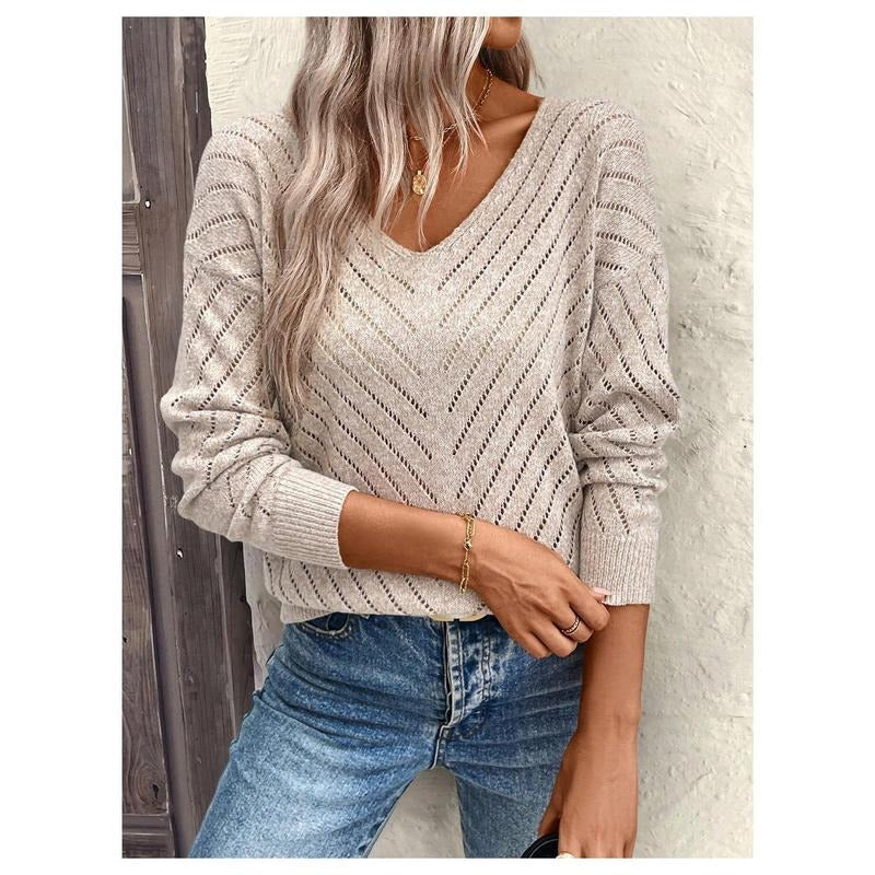 Hollow Out Pullover Sweaters Vintage Lightweight V Neck Long Sleeve Loose Fit Fall Knit Tops T-Shirts, Hoodie, Sweatshirt