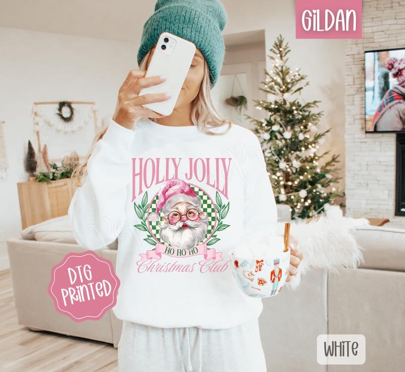 Holly Jolly Christmas Club Sweatshirt, Trendy Holiday Women's Crewneck T-Shirts, Hoodie | PodTeesHub.com