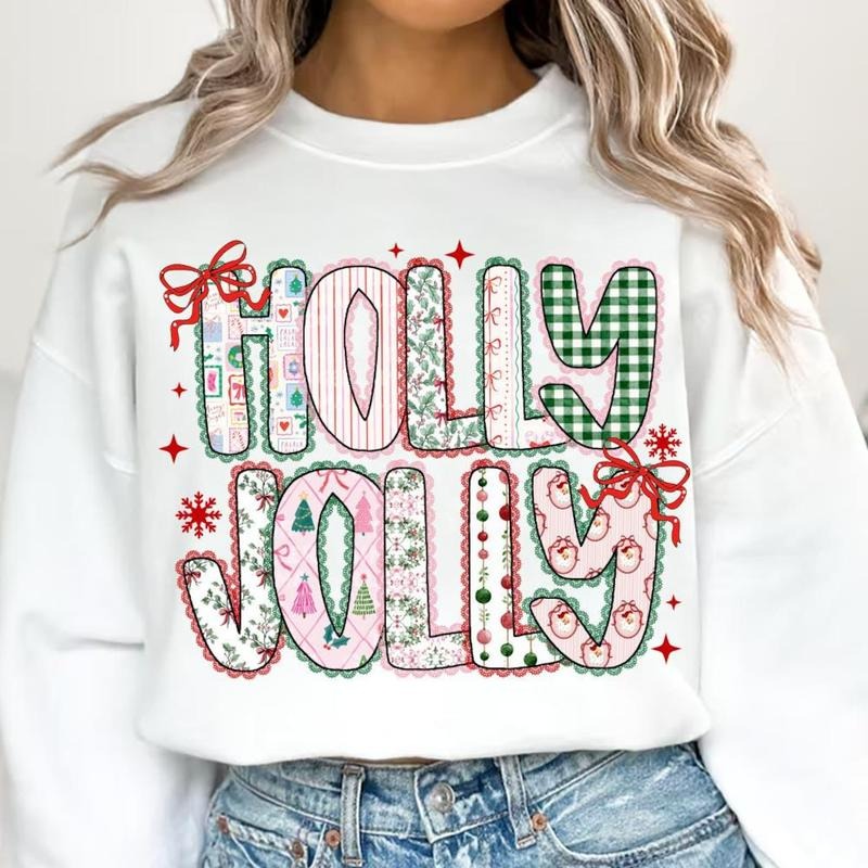 Holly Jolly Christmas Patterns Colorful Checkered Crewneck Sweatshirt, Christmas Festive Elements Colorful And Whimsical...