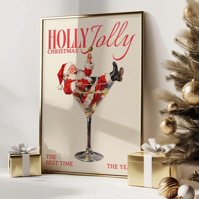 Holly Jolly Christmas Print Poster, Retro Santa Martini Wall Art, Vintage Holiday Bar Decor, Mid Century Christmas Art...