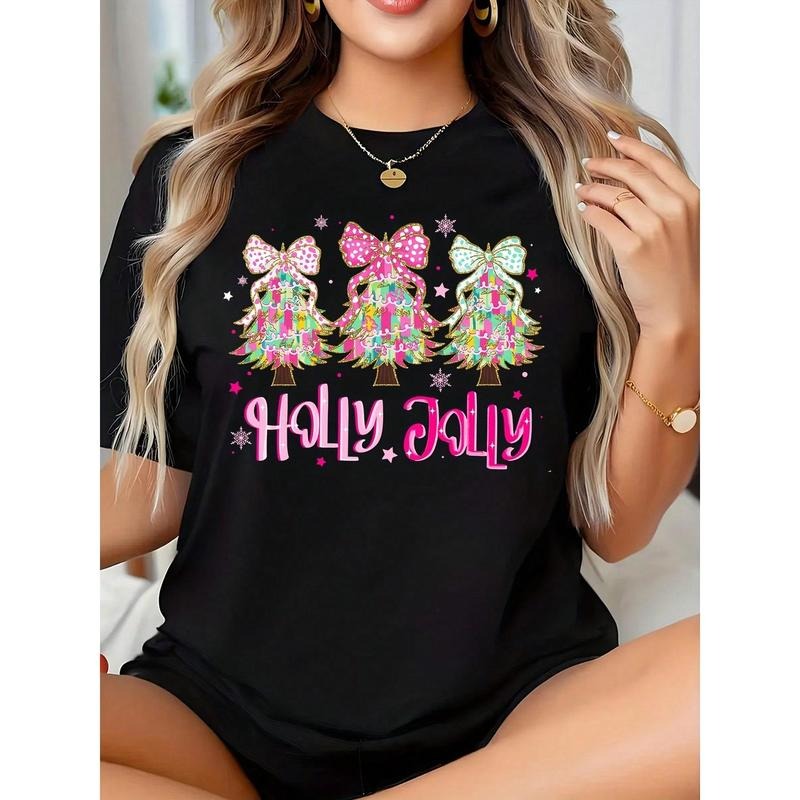 Holly Jolly Christmas Tree Bow Print Women's Holiday T-Shirt For Festive Season Celebration Hoodie, Sweatshirt