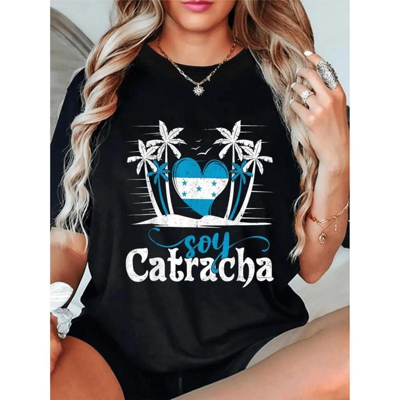 Honduras Flag Graphic T-Shirt With Palm Tree And Heart Design Women's Casual Black Knit Round Neck Short Sleeve Tee...