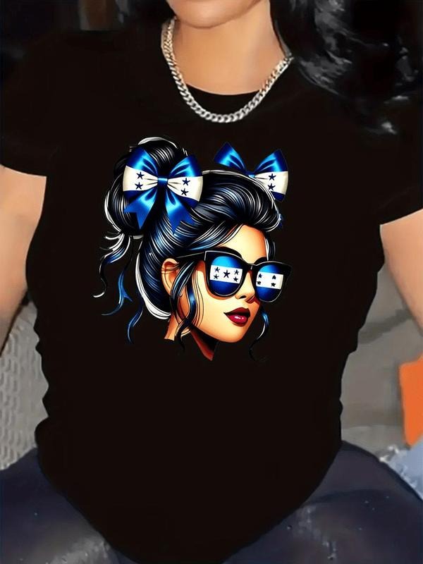 Honduras Travel Graphic T-Shirt For Women 2025 With Blue Glasses Bow Print Casual Polyester Knit Comfortable Family...