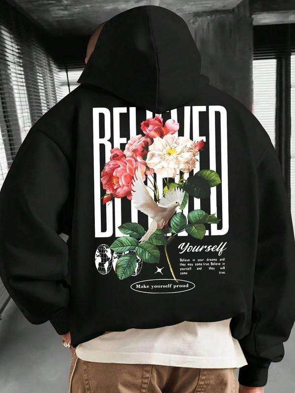 Hoodie Believe in Yourself, Floral Bird Print, Inspirational Quote, Streetwear Casual, Unisex Spring & Fall Fashion...