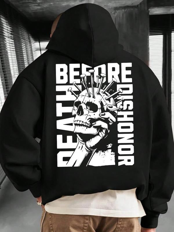 Hoodie Death Before Dishonor Skull with Nails Graphic Print, Fitted Style for Spring & Fall, Perfect for Streetwear and...
