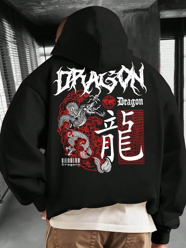 Hoodie Dragon Print, Chinese Dragon & Kanji Design, Streetwear Fashion, Unisex Urban, Casual Spring & Fall Wear T-Shirts,...