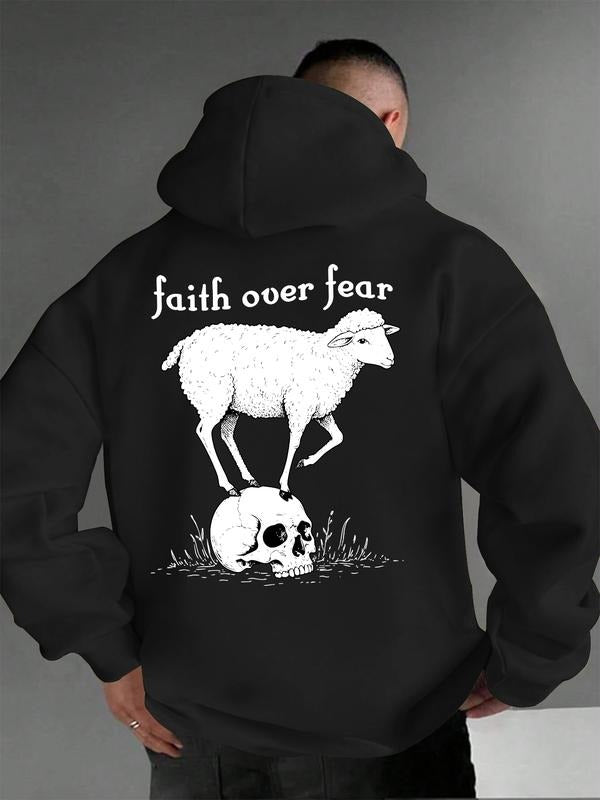 Hoodie Faith over Fear Sheep Standing on Skull Graphic Print, Casual Streetwear, Spiritual Fashion, Spring & Fall...