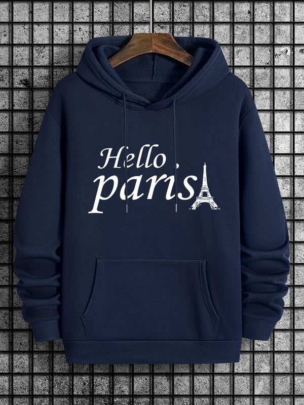 Hoodie Hello Paris Eiffel Tower Print, Casual Streetwear for Men & Women, Fitted Graphic Design, Spring & Fall Travel...