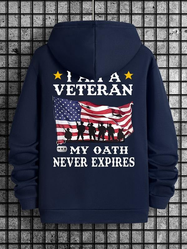 Hoodie I Am a Veteran, American Flag & Soldier Silhouette Design, Fitted Style for Spring Fall, Patriotic Casual Wear...