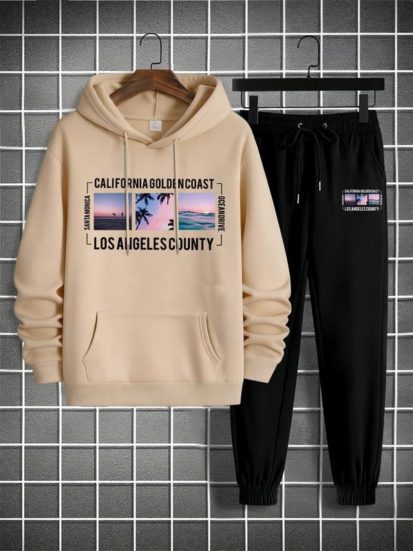Hoodie Sweatshirt Set California Golden Coast Los Angeles County Graphic Print With Palm Tree And Beach Scene For Casual...
