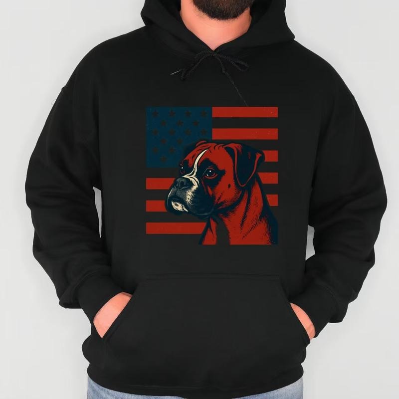 Hoodie with Boxer Dog & American Flag Graphic, Blending Patriotism and Pet Love, Representing a Unique Cultural Mix...
