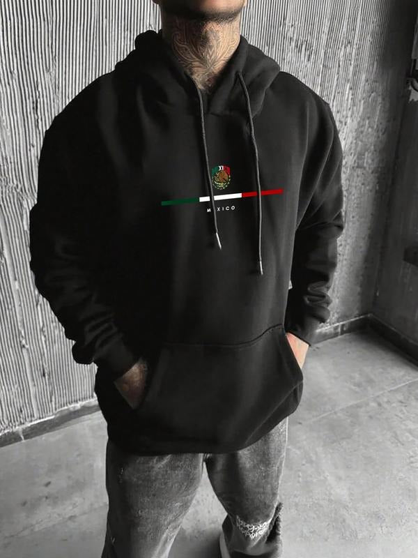 Hoodie with Mexico Flag and Coat of Arms Print, Fitted Long Sleeve Sweatshirt for Spring & Fall, Casual National Pride...