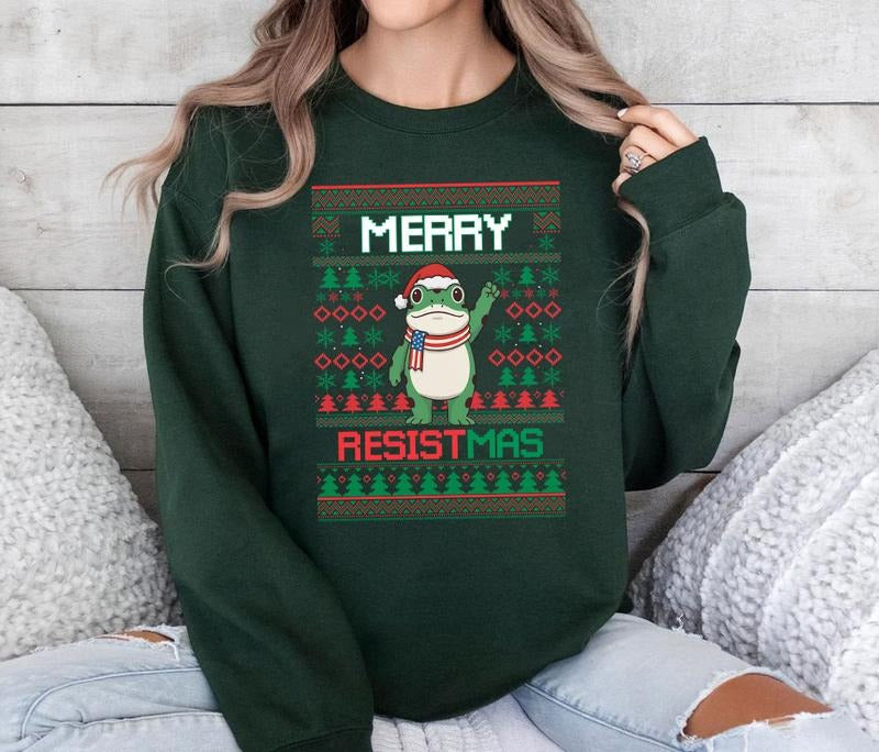 Merry Resistmas Shirt/ Sweatshirt/ Hoodie, Retro Frog Shirt, Funny Political Christmas Tee Gift | PodTeesHub.com