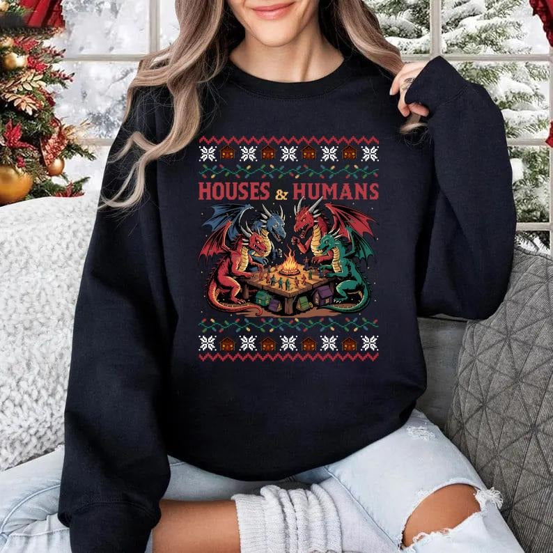 Houses And Humans Ugly Xmas Sweatshirt, DnD Christmas Shirt, Dungeons and Dragons Christmas, Gamer Christmas Gifts, Gift...