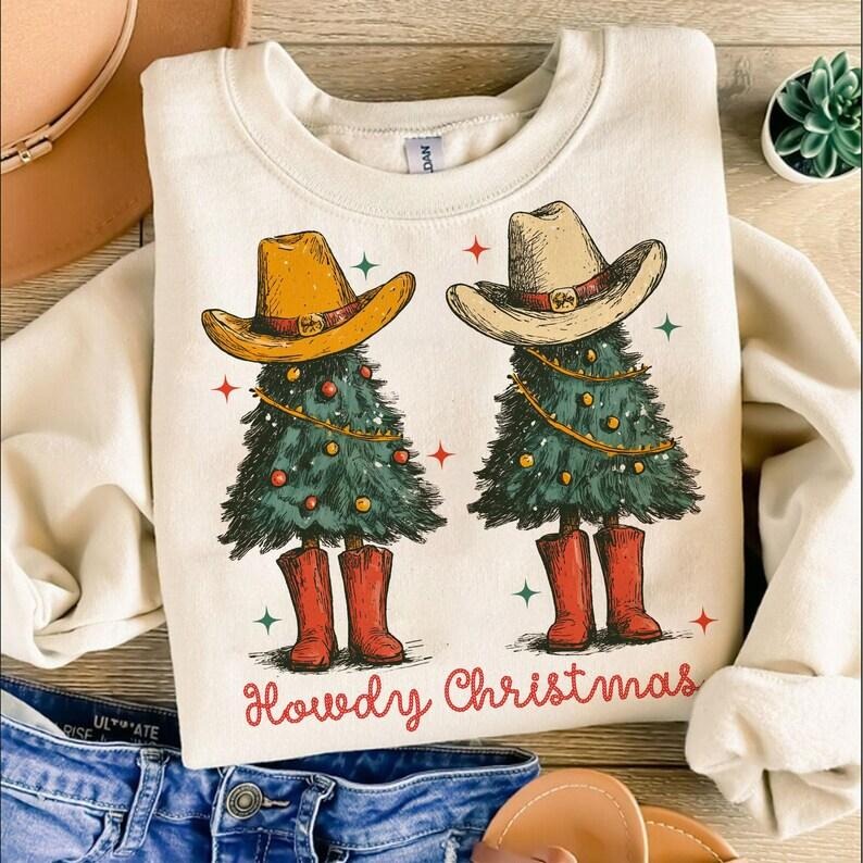 Howdy Christmas Sweatshirt , Western Christmas Sweatshirt , Retro Christmas Tree Sweatshirt, Cowboy Christmas Sweatshirt...