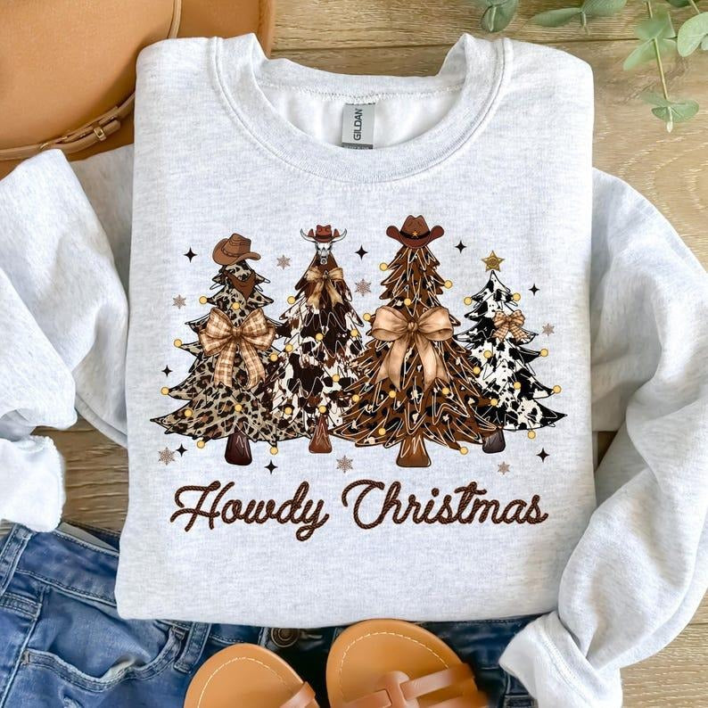 Howdy Christmas Sweatshirt, Western Christmas Tree Shirt, Cowgirl Coquette Smax Sweatshirt Hoodie | PodTeesHub.com