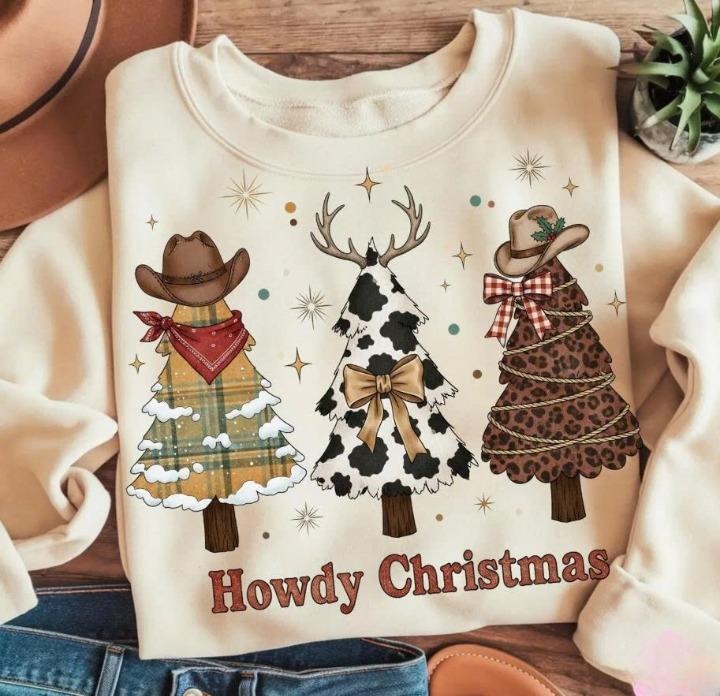 Howdy Christmas Western Cowgirl Christmas Trees Sweater, Retro Holiday Cowboy Cow Leopard Print Shirt, Xmas Gifts Hoodie,...