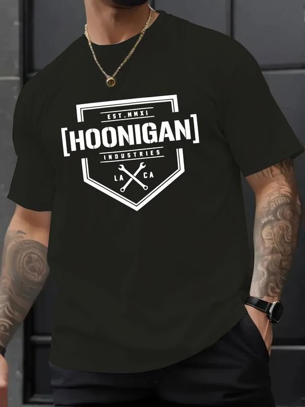 Hunigen Industrial Letter Pattern Printed T-Shirt, Casual Fitted Short Sleeve Tee for Summer, Trendy Fashion for All...