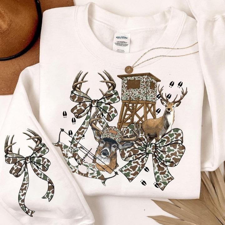 Hunting Season Preppy Camo Bow on Sleeve Cozy Crewneck Sweatshirt, Deer Hunting Duck Hunter Hoodie, Coquette Hunting Girl...