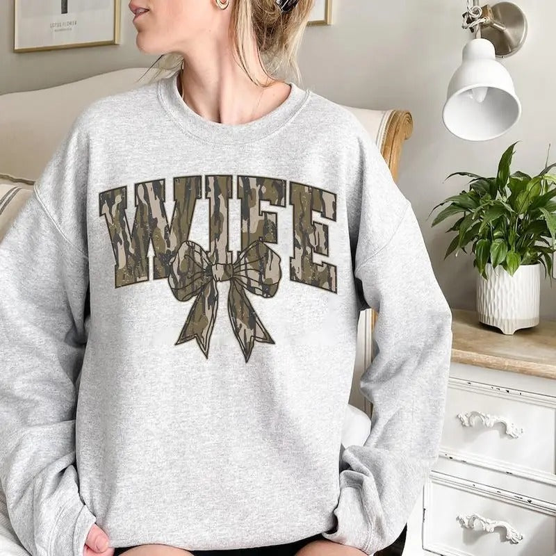 Hunting Wife Camo Bow Sweatshirt - Hunting Season Wife Sweatshirt - Unisex Sweatshirt Classic Cotton - Graphic Tees For...
