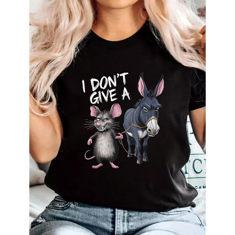 I Don't Give A Plus Size Men's Humorous Cotton T-shirt Mouse & Donkey Illustration Creative Casual Loose Fit Short Sleeve...