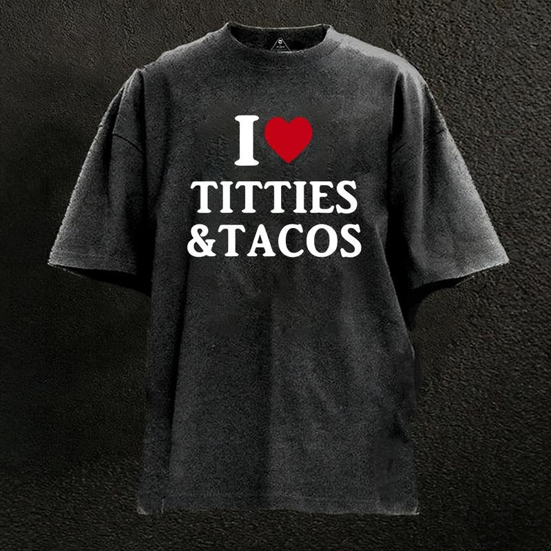 I LOVE TITTIES & TACOS  Washed Graphic Tees Funny Japanese Cartoon Distressed Shirt 90s Vintage Streetwear Unisex Summer...