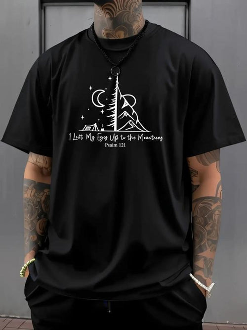 "I Lift My Eyes Up to the Mountains - Psalm 121" Biblical Outdoor Graphic Oversized T-Shirt | Black Streetwear Tee with...