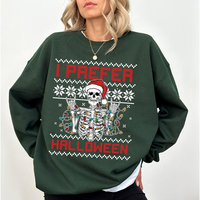 I Prefer Halloween Sweatshirt, Christmas Ugly Crewneck, Funny Xmas Long Sleeved Pullover, Holiday Sweater, Retro...