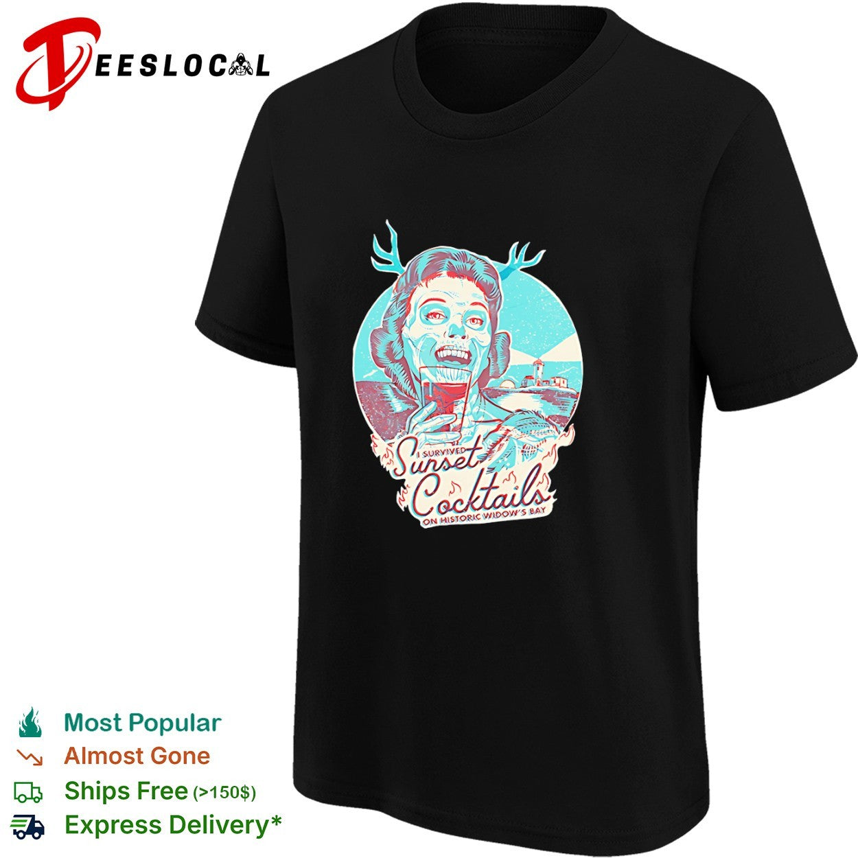 I Survived Sunset Cocktails on Historic Widows Bay Antler Skull shirt