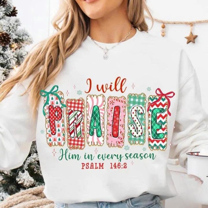I Will Praise Him In Every Season Coquette Christian Christmas Sweater, Preppy Bow Retro Christmas Tree Sweatshirt,...
