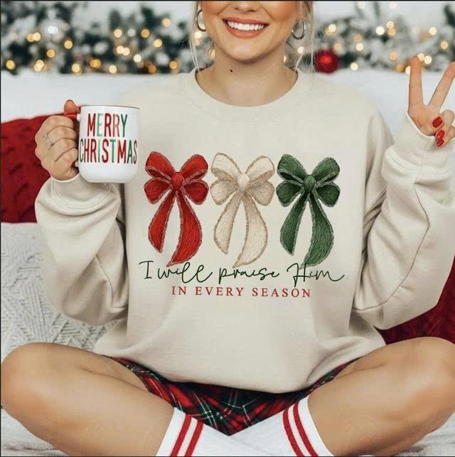 I Will Praise Him In Every Season Preppy Coquette Christmas Sweater, Faith Christian Religious Jesus Sweatshirt, Xmas...
