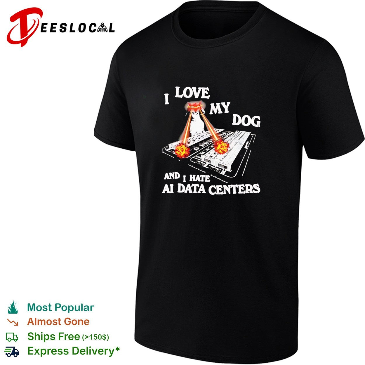 I love my dog and I hate AI data centers laser eyes shirt