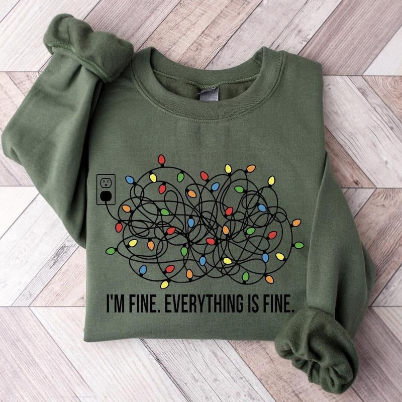 I'm Fine Everything is Fine Christmas Lights Sweatshirt, Trendy Christmas Season Graphic Design Unisex T-shirt Sweater...