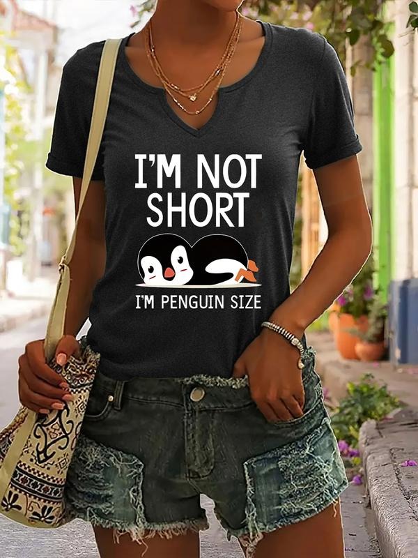 I'm Not Short I'm Penguin Size Graphic T-Shirt, Trendy Casual Summer Short Sleeve V-Neck Top, Fitted Women's Fashion Wear...