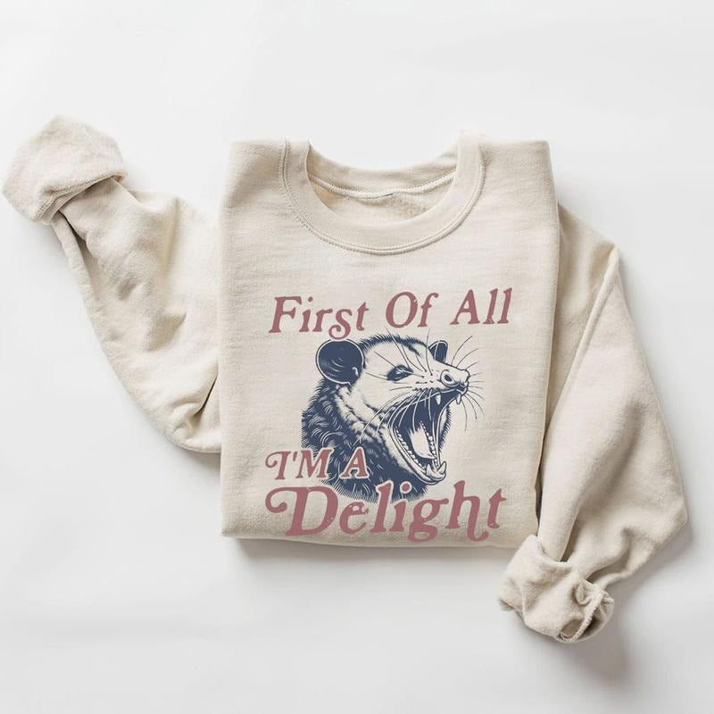 I'm a Delight Sweatshirt, Funny , First of All, Vintage Retro Graphic , Mental Health , Possum , Humor Sweatshirt Unisex...