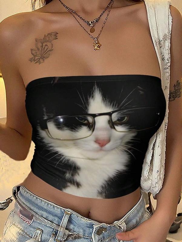 INAWLY StreetHx Women's Summer Cute Punk Cat Glasses Design Bandeau Top, Black T-Shirts, Hoodie, Sweatshirt | PodTeesHub.com