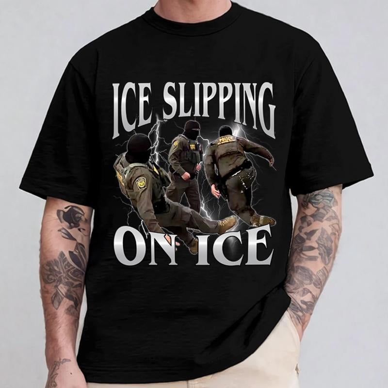 Ice Slipping On Ice Meme Graphic T-Shirt, Protest Art Streetwear Tee, Dark Humor Statement Shirt, Unisex Black Top...