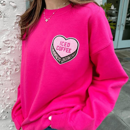 'Iced Coffee Candy Heart' Chenille Letter Patch Sweatshirt - Cozy Valentine's Day Gift for Caffeine Lovers T-Shirts, Hoodie