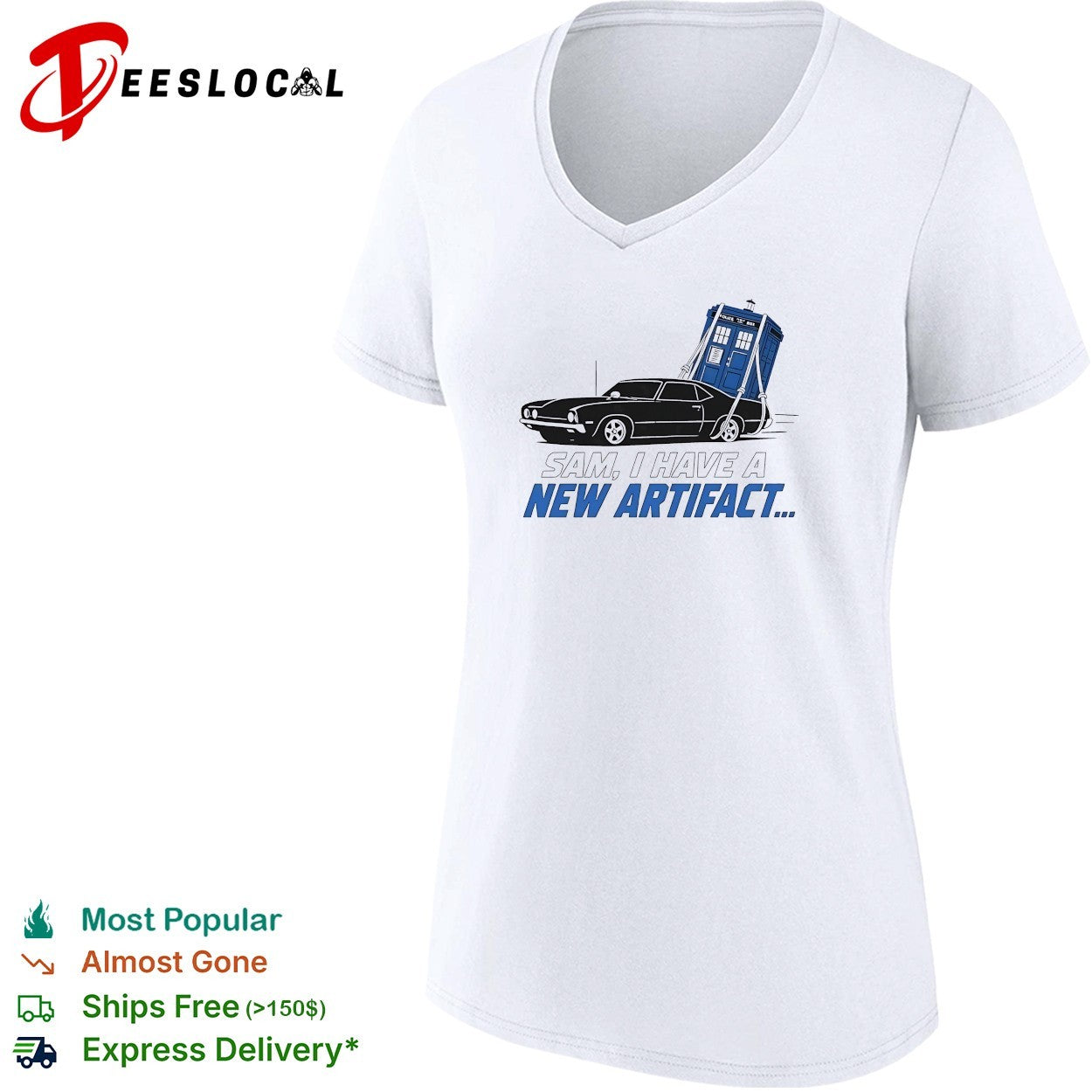 Impala towing TARDIS Sam I have a new artifact Supernatural Doctor Who shirt