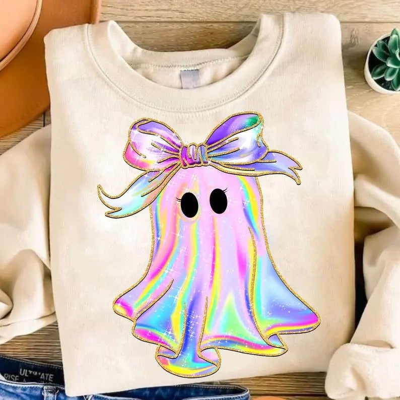 Iridescent Ghost Pumpkin Shirt, Coquette Halloween Sweatshirt, Iridescent Ghost Pumpkin Tshirt, Halloween, Girly...