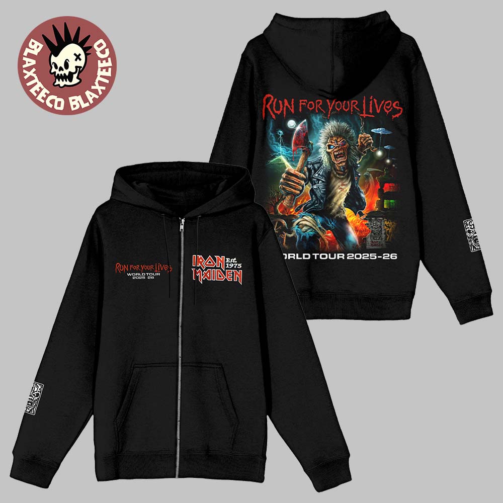 Iron Maiden Run For Your Lives World Tour 2026 Merch Eddie With Axe Zip Up Hoodie