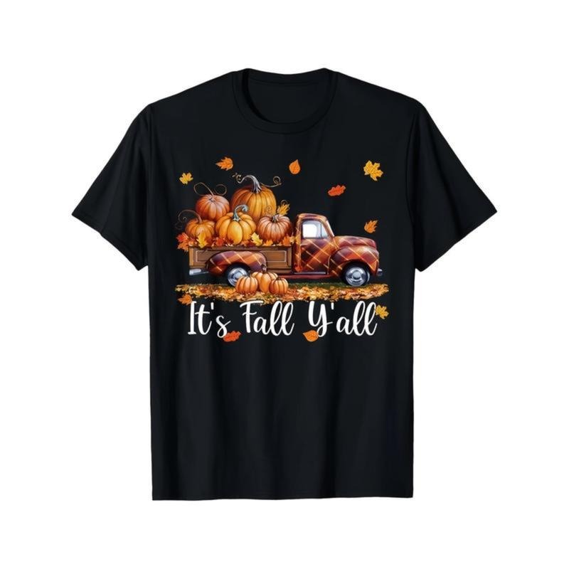It'S Fall Y'all Vintage Pumpkin Truck & Autumn Tree Graphic T-Shirt - Unisex , Black with Orange Lettering, Comfortable...