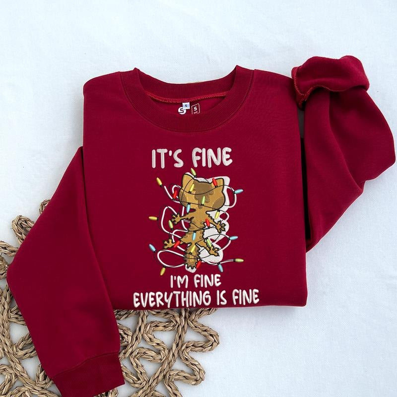 It's Fine I'm Fine Everything Is Fine Embroidered Sweatshirt: Gift for Funny Friends, Funny Gift Cat Lover T-Shirts, Hoodie