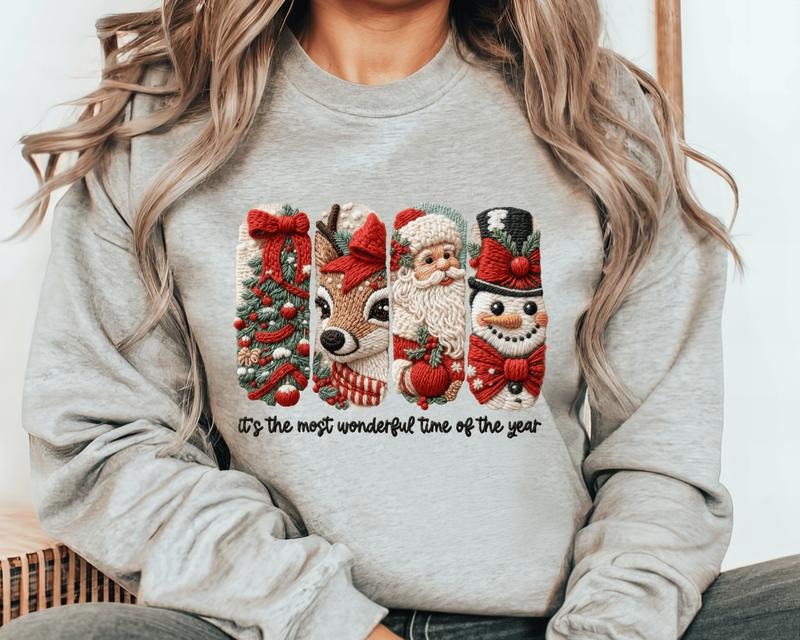 It's the Most Wonderful Time of the Year Faux Crochet Christmas Crewneck Sweatshirt - Casual Everyday Unisex Pullover for...