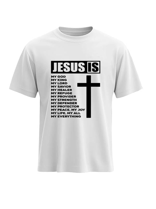 JESUS IS Faith Theme T-Shirt with Cross Print, Stylish Religious Apparel for Spiritual Strength, Trendy Casual Wear...