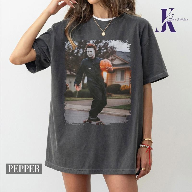 JK Retro 90s Michael Meyers Halloween Shirt Women's Cotton Crewneck Long Sleeve Fitted Casual Top Streetwear Summer...