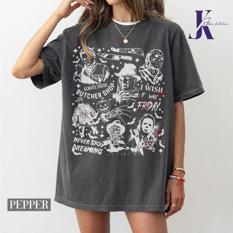 JK Vintage 90s Halloween Comfort Colors Shirt Funny Movie Characters Tee Myers Friday the 13th Horror Gift for...